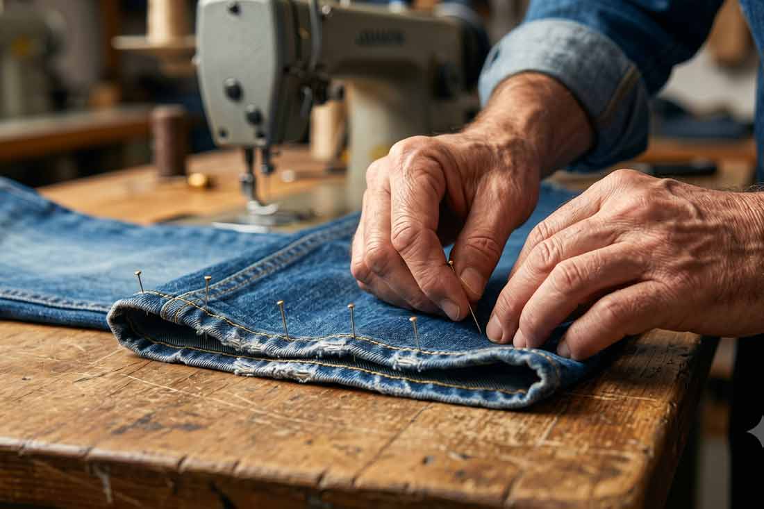 Manos de un sastre experto fijando con alfileres el dobladillo original de unos pantalones vaqueros sobre una mesa de taller.