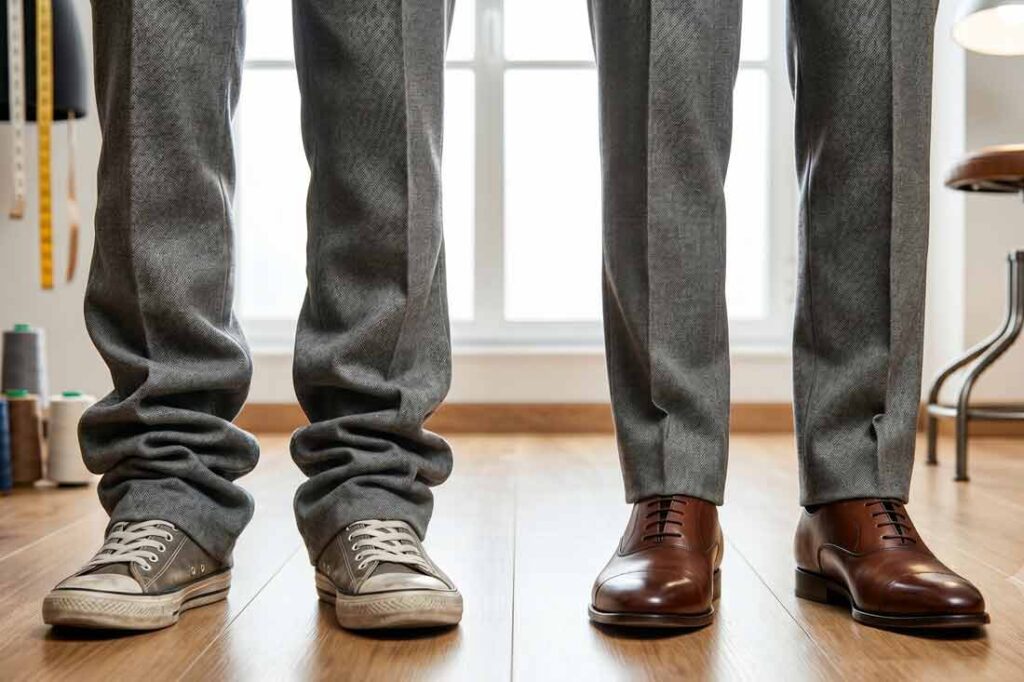 Comparativa visual entre un pantalón con el bajo demasiado largo y arrugado frente a un bajo arreglado a medida sobre un zapato Oxford.
