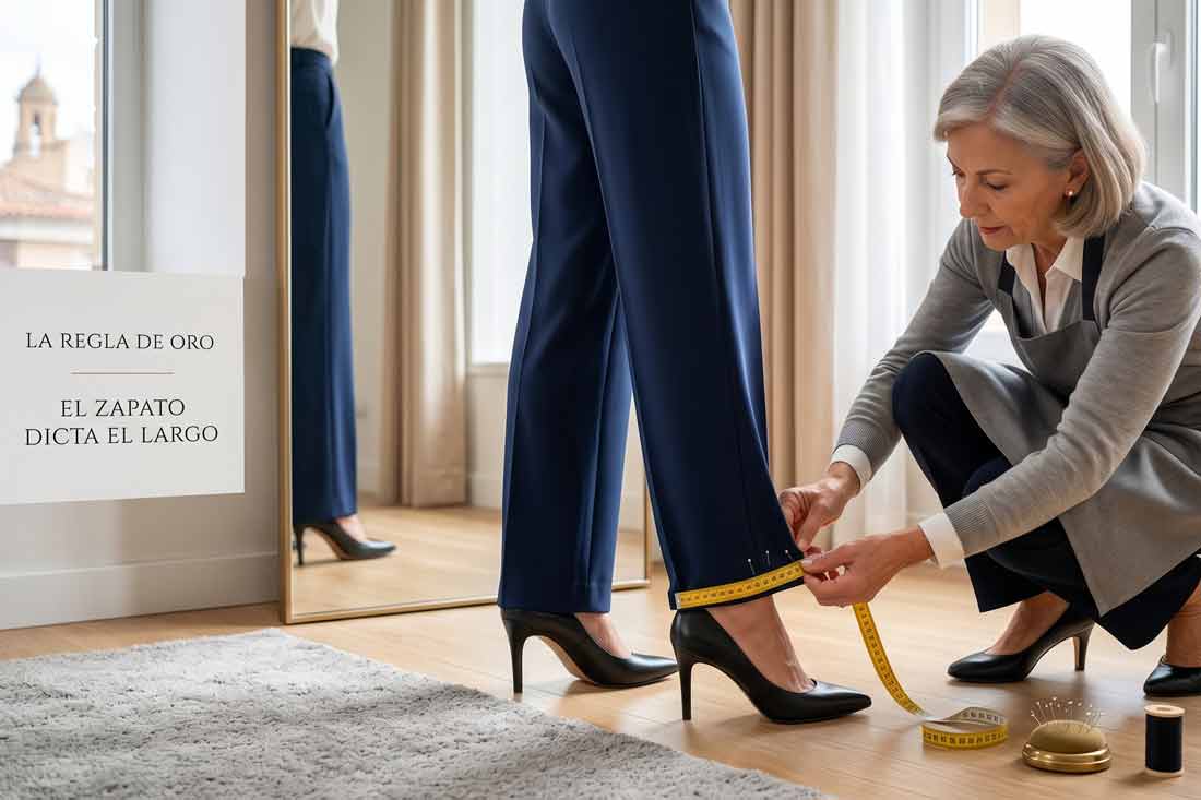 Sastre profesional tomando medidas con cinta métrica para ajustar el bajo de un pantalón de vestir azul marino usado con zapatos de tacón.